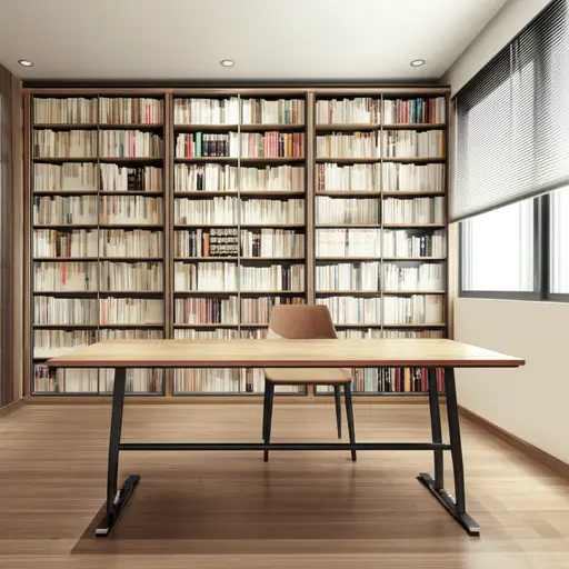 他的书房里堆满了书，还有一张大书桌。