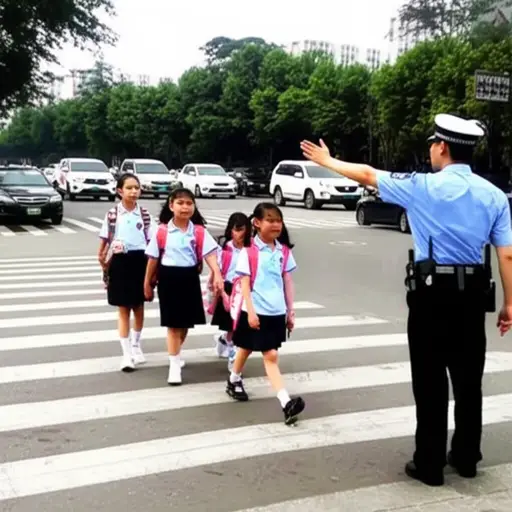 警察帮助孩子们安全过马路。