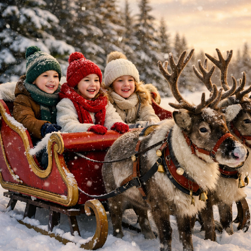 孩子们兴奋地坐在雪橇上，等待驯鹿拉他们穿越雪地。