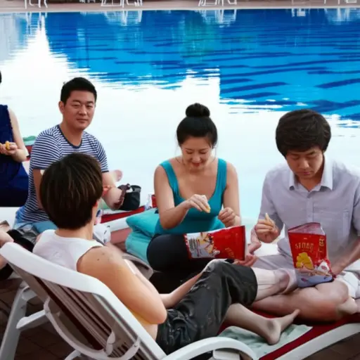 在游泳池度过了疲惫的一天后，我们吃了些零食。