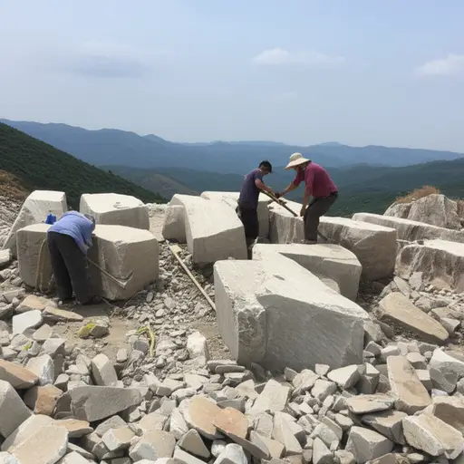 他们从山坡上切下了巨大的石块。