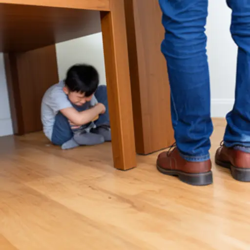 听到脚步声，他迅速躲到了桌子底下。