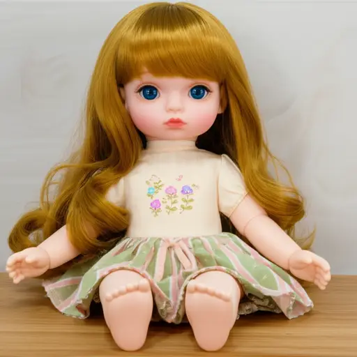 这个洋娃娃有金色的头发和蓝色的眼睛。