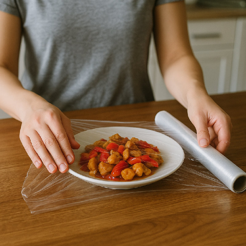 她用保鲜膜把食物盖住了。 