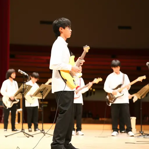 他是我们学校乐队的主吉他手。