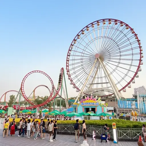 这个游乐园有很多刺激的游乐设施，包括一个巨大的摩天轮。