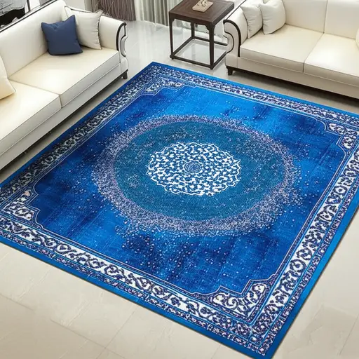客厅里有一张很大的蓝色地毯。