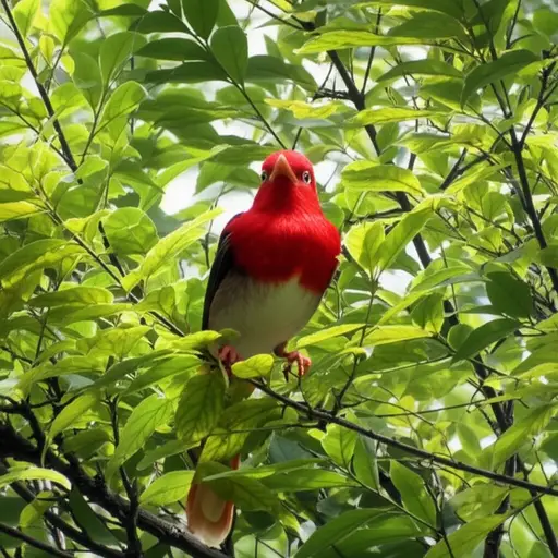 看！树上有一只红色的鸟。