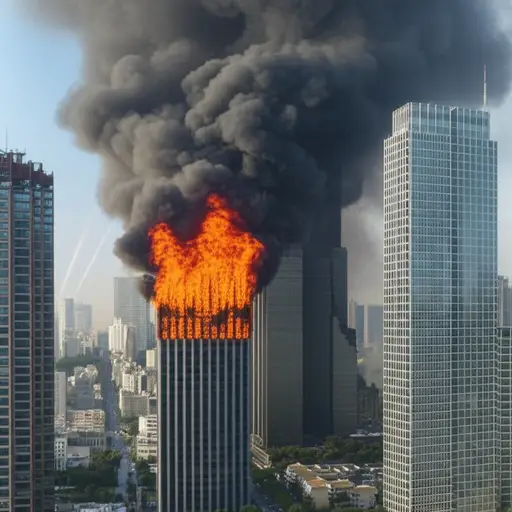 爆炸后，几栋建筑都着火了。