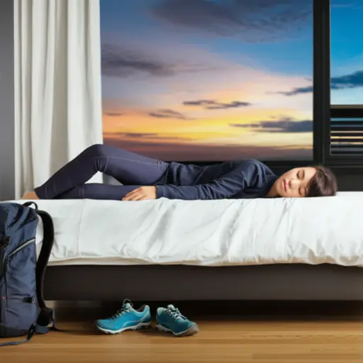 远足后精疲力尽，她直接上床睡觉了。