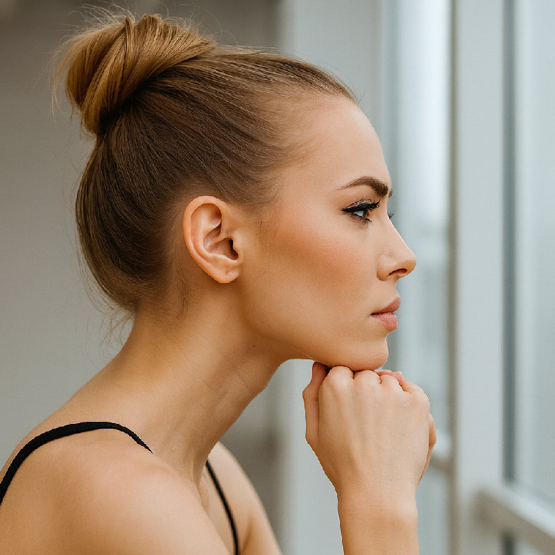 芭蕾舞演员的头发整齐地扎成了一个发髻。