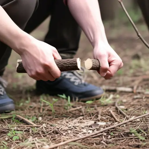 他把棍子掰成两半用作引火柴。