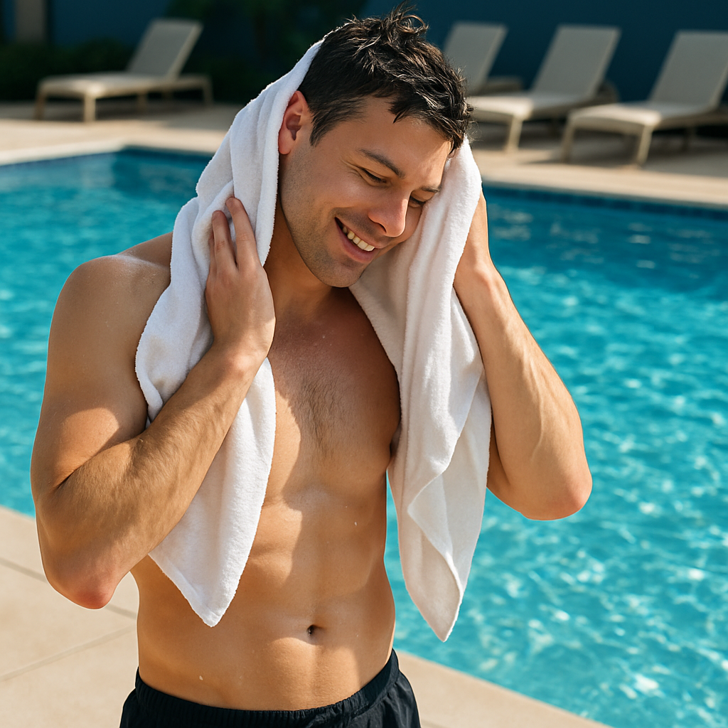 游泳后，他用毛巾擦干了身体。