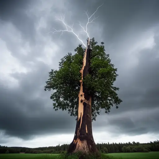 那棵树被闪电击中了。