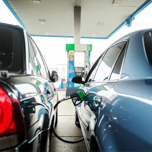 我们开车去加油站加油。