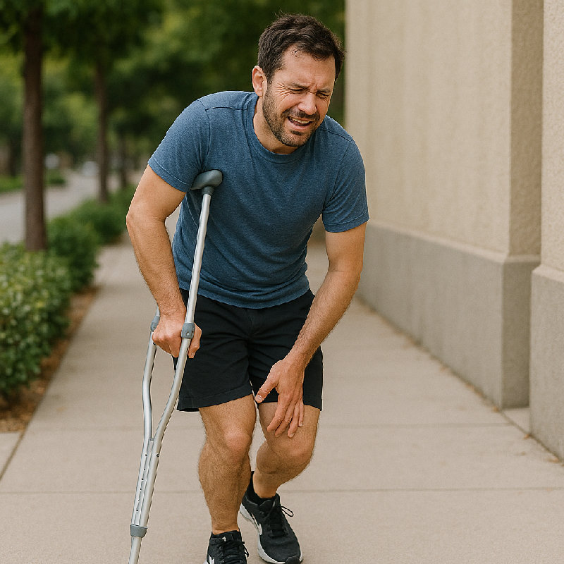 他大腿后侧肌肉拉伤，走路变得很困难。