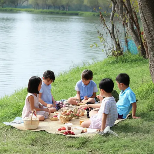 孩子们在那个小湖边野餐。