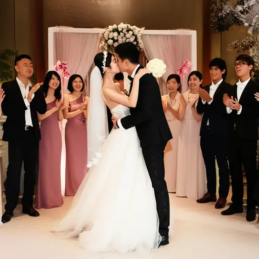 当新郎亲吻新娘时，所有宾客都欢呼起来。