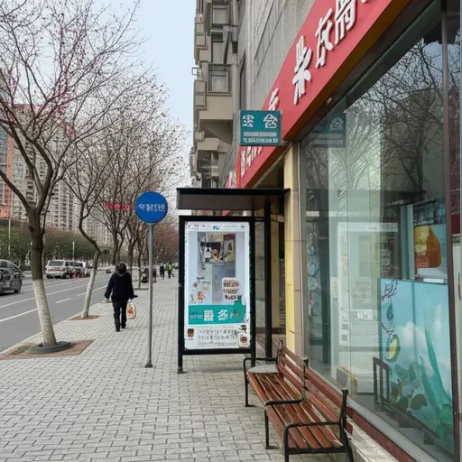 公共汽车站在超市外面。