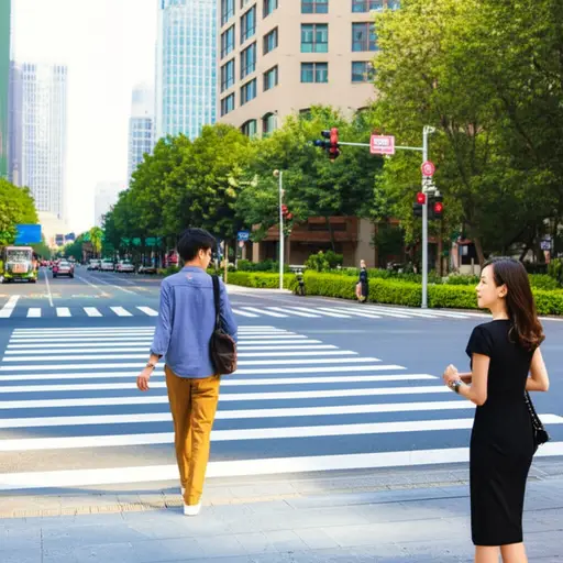 当我过马路时，我突然看到对面人行道上有一个美丽的女人。