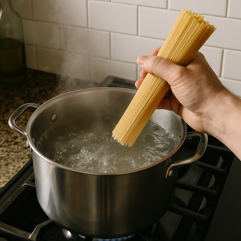 请先把水烧开再放意面。