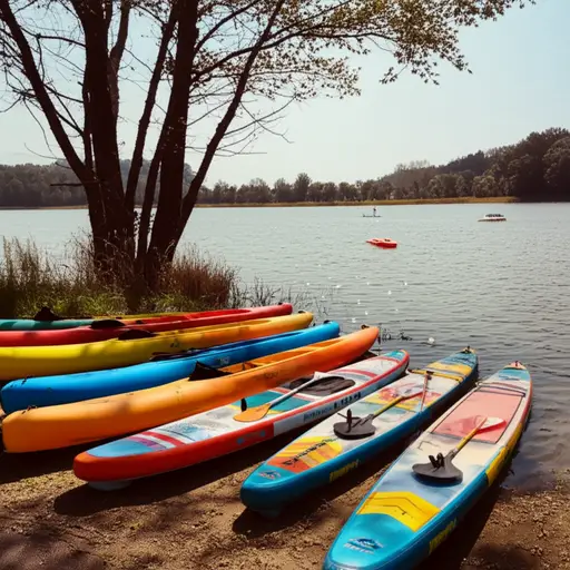 湖边的水上运动设施提供皮划艇和站立式桨板。