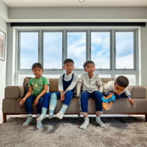 孩子们坐在沙发上，看着电影。