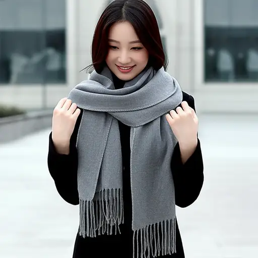 她买了一条灰色的围巾。