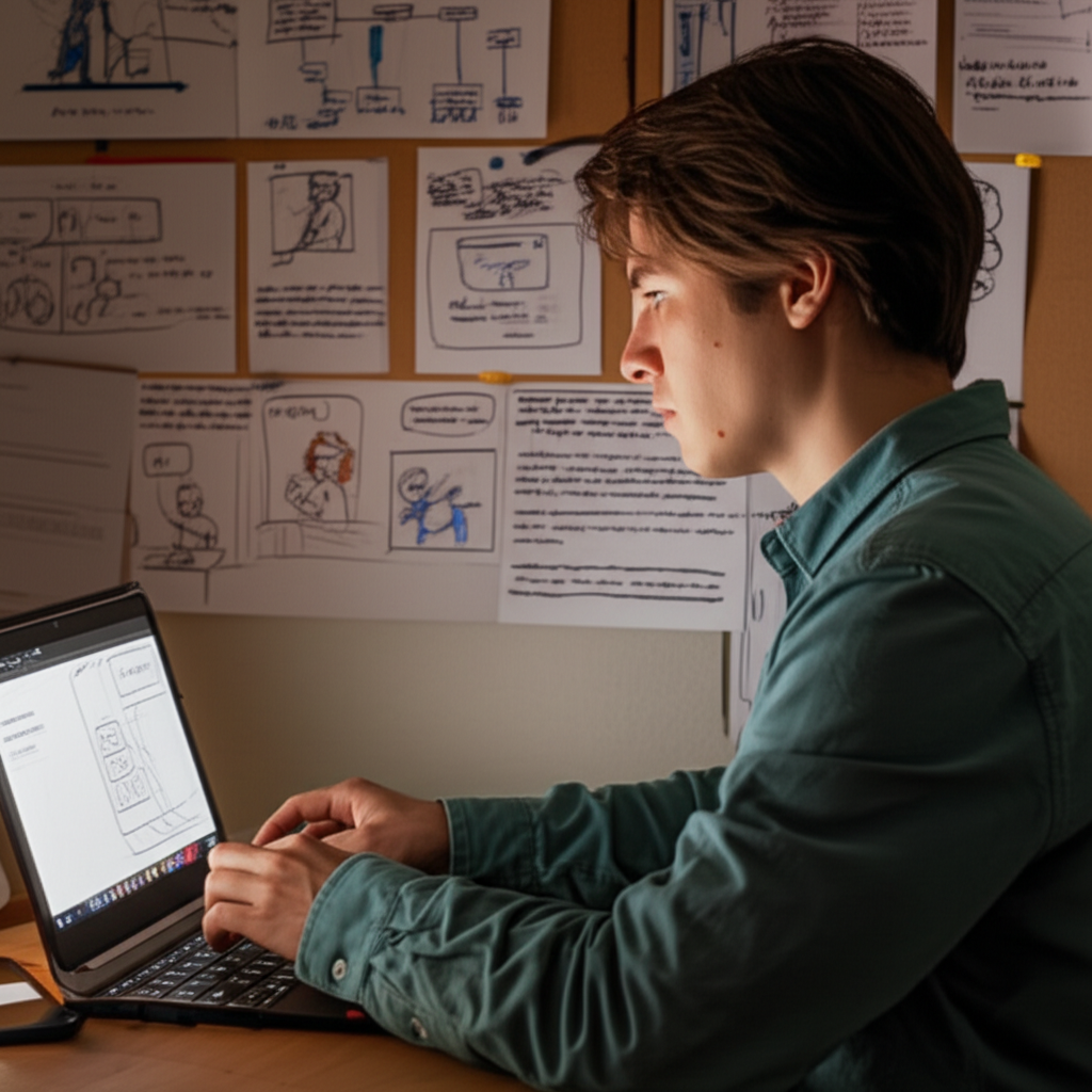 他正在用笔记本电脑工作。