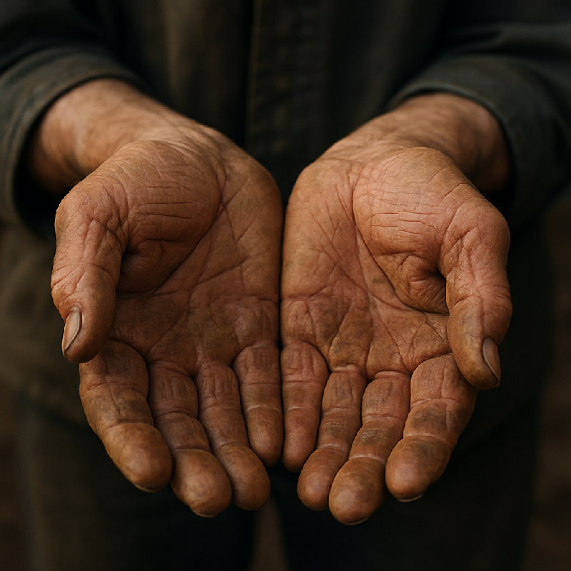 他那布满老茧的手掌诉说着一生的辛勤劳作。