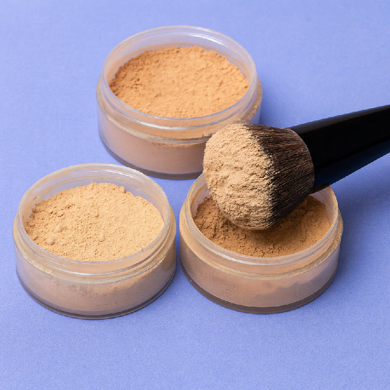 她用散粉定妆。