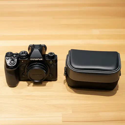 一台'奥林巴斯'相机和包正在出售。