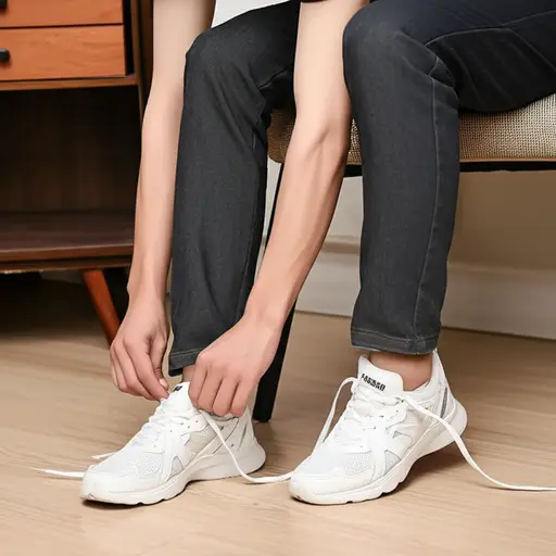 他穿上了他的新鞋。