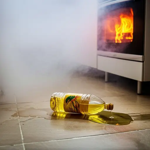 因为油洒了，厨房着火了。