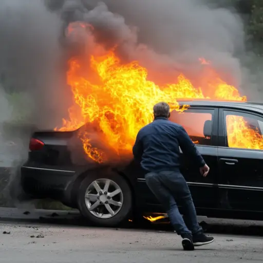 一个男人从燃烧的汽车中踉跄而出。