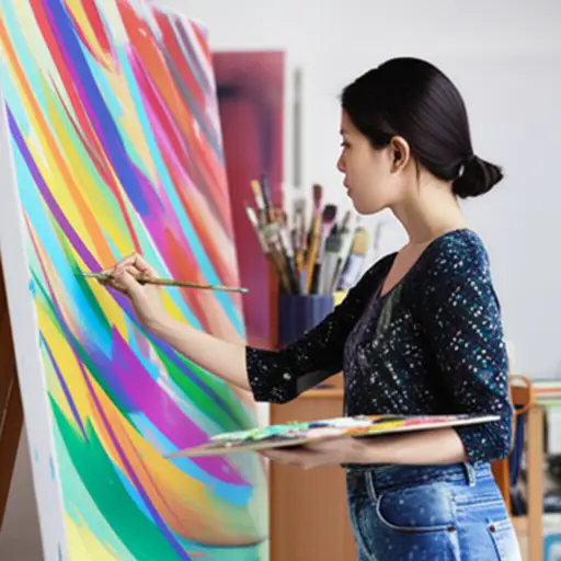 这位艺术家在她的画作中创造性地使用颜色。