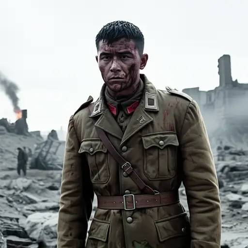 士兵从战场回来，制服上沾满了血。