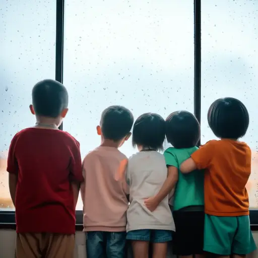 孩子们因为下雨不能出去玩而显得很不开心。