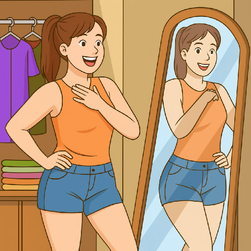 她天生胸部平坦，并不介意。