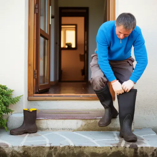 他在进屋前脱下了沾满泥的靴子。