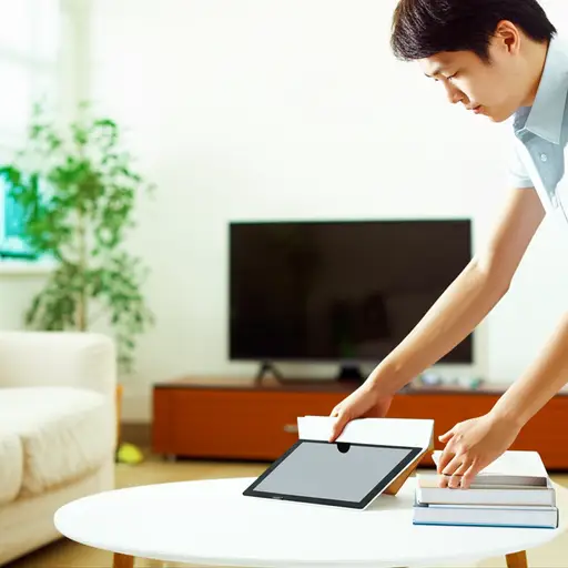 詹姆斯把书从小桌子上拿开，为电视机腾出空间。