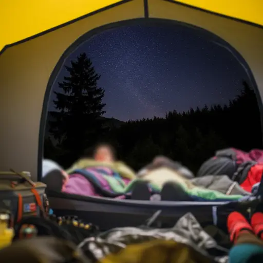 露营时，我们睡在睡袋里。