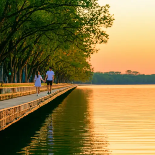 我们沿着河岸散步。