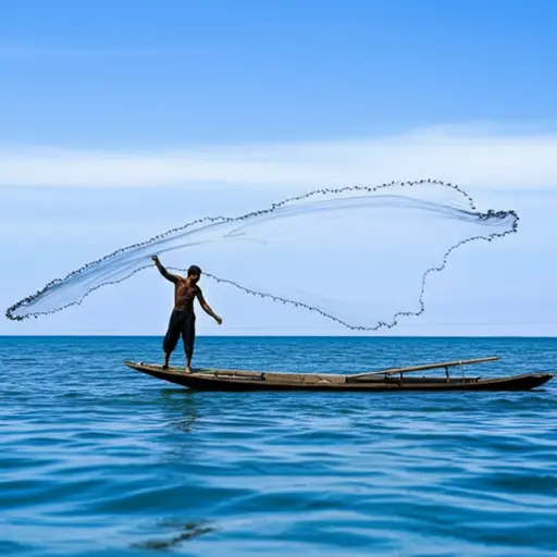 渔夫把渔网撒进海里捕鱼。