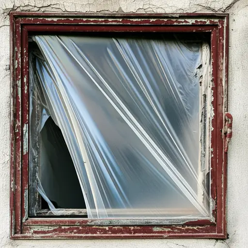 他在破窗户上盖了一张塑料布。