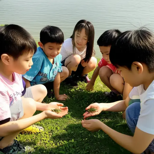 下午，他们在湖边抓到一只小青蛙。