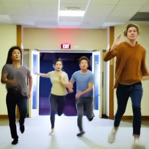 警报响起时，人们突然冲向出口。