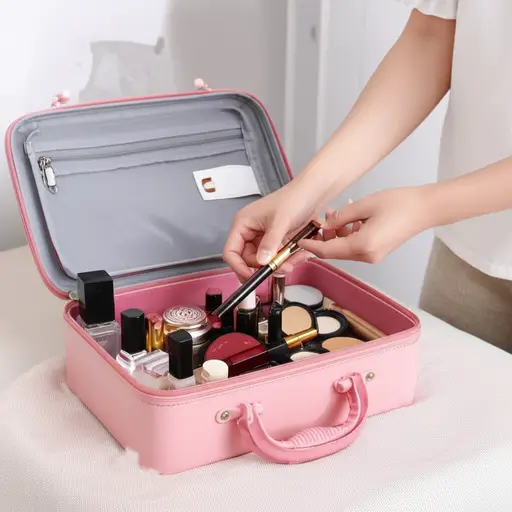 她把所有化妆品都装在一个小旅行箱里。
