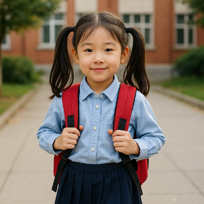 小女孩每天都扎着可爱的双马尾去学校。