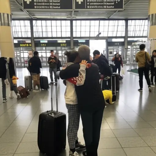 他们在车站见面时互相拥抱。